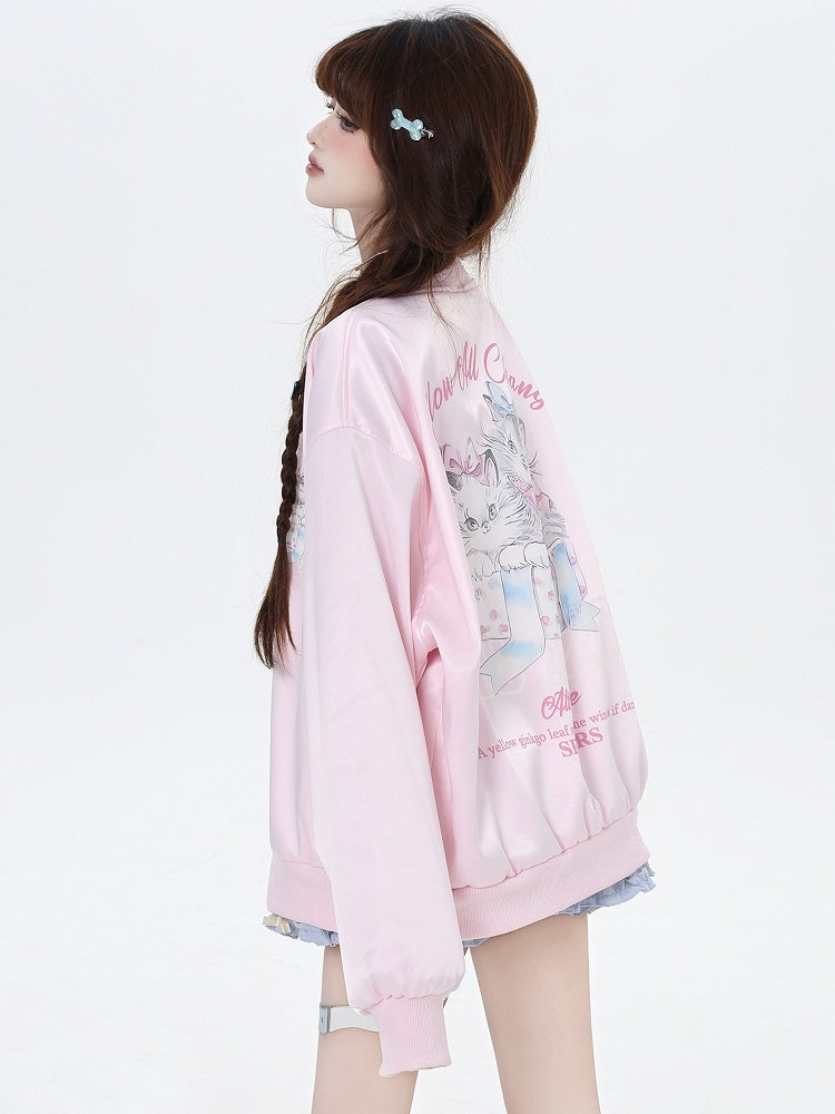 Light Blue/Pink Cats Spring Baseball Jacket