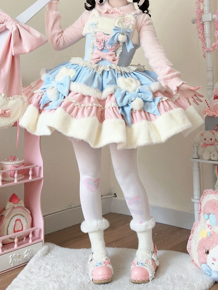 Winter Dress Ears Lolita Sweet Blue and Kitty Neckline Pink Plush