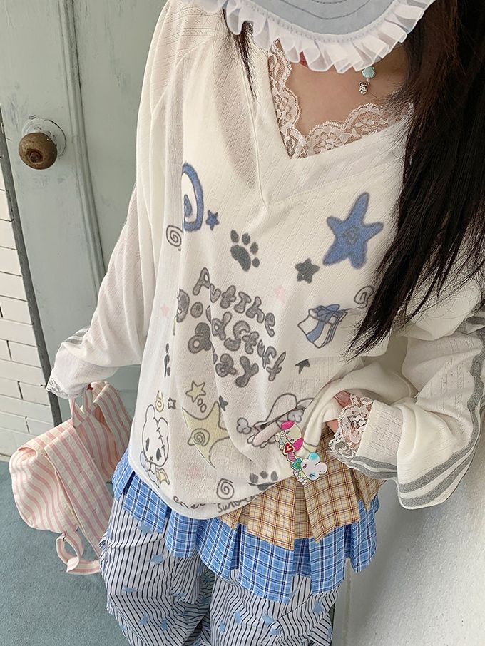 Sleeve White Cartoon Lace Long with Top Print V-neck Trim