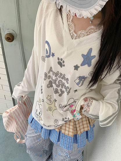 Sleeve White Cartoon Lace Long with Top Print V-neck Trim