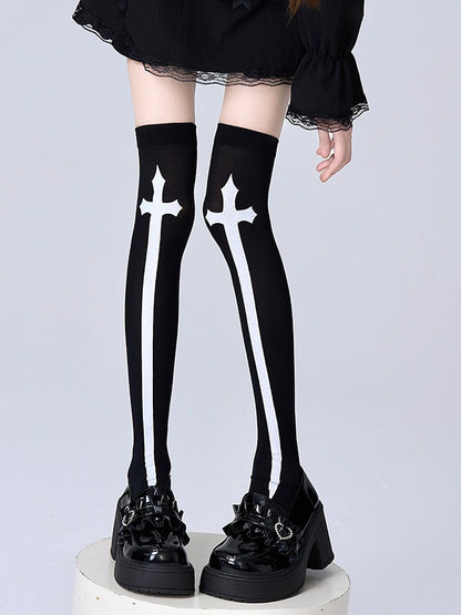 Black/White Print Cross Stockings Over Knee