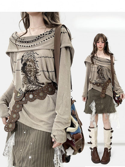 Cowl Print Khaki Fashion Design Hoodie Ausschnitt Millard