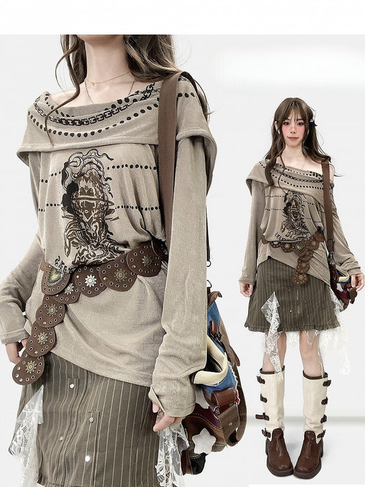 Fashion Hoodie Print Khaki Cowl Millard Neckline Design