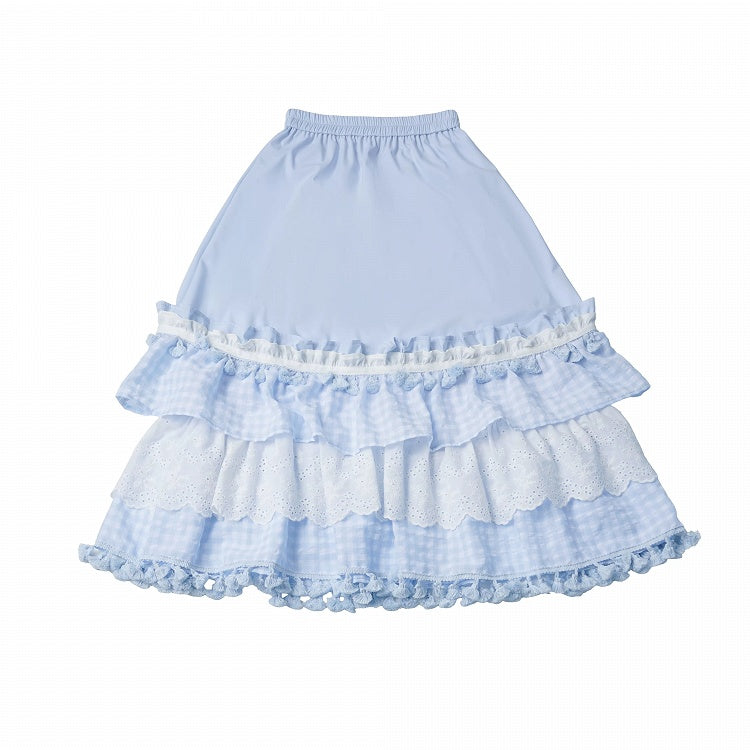 Blue Gingham Long Skirt with Lace and Tassels - PINK SAVIOR