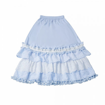 Blue Gingham Long Skirt with Lace and Tassels - PINK SAVIOR