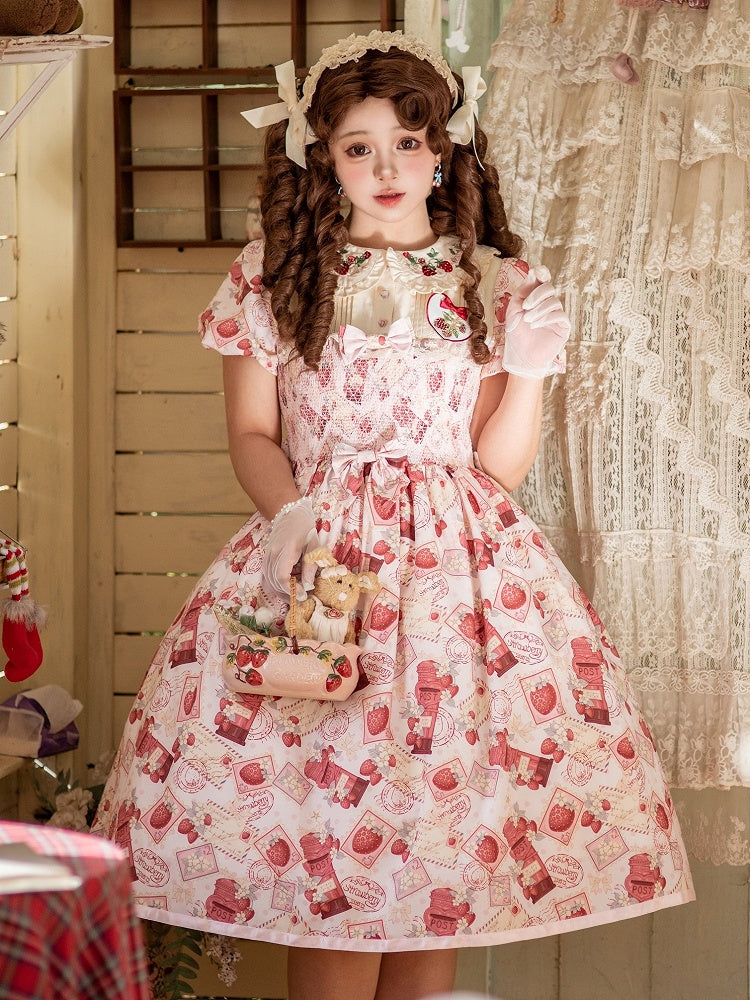 Sleeves Lolita Beige Collar Print Strawberry Pink Embroidered Sweet Dress with Puff