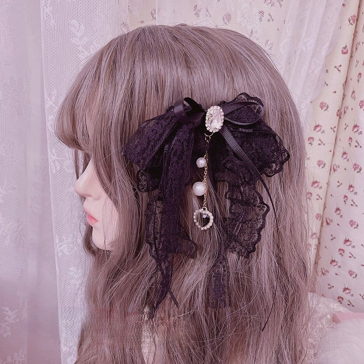 Heart Pendant Lace Bow Hairclip Rhinestone with Black/Pink
