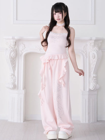 Pink Lace Rhinestone Cami Top with Ruffle and Ribbon - No Genki