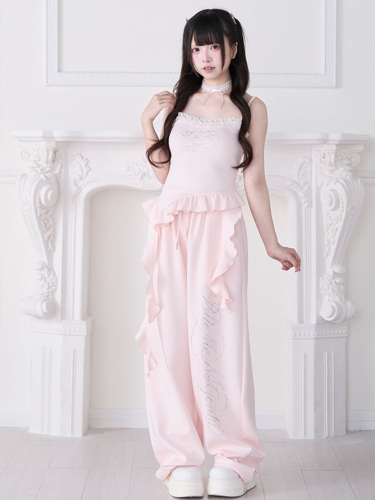 Pink Straight-Leg Pants with Rhinestone Embellishment - No Genki