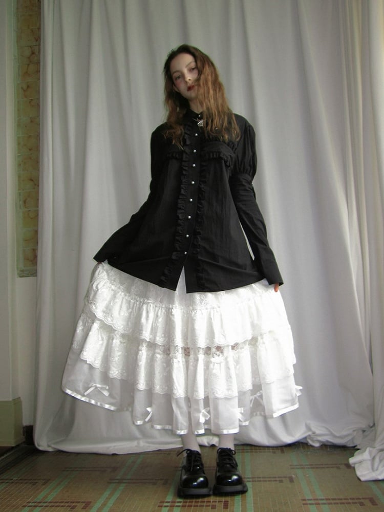 Skirt with Angel White Maxi Tiered Lace Embroidery and Bow Accents