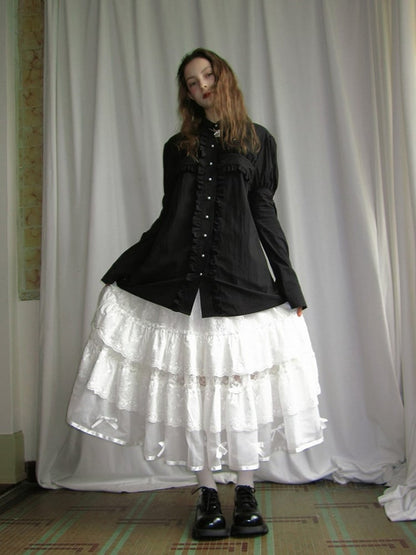 Skirt with Angel White Maxi Tiered Lace Embroidery and Bow Accents