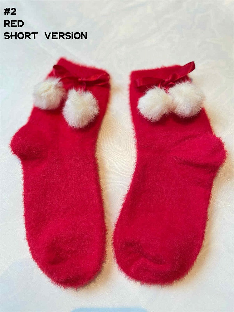6 Options Red/White Bow Pompons Ankle/Calf Socks