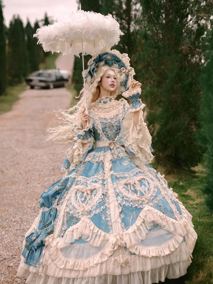 with Sleeves Sweetheart and Ruffle Layers Bell Applique Gorgeous Blue Gown Hime Lolita Beaded Lace
