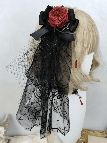 Gothic Rose Detachable With Bow Veil Wine Black Hairclip Red