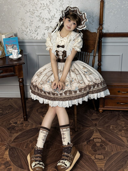 Sweet Print Lolita Jumper Skirt Brown Kitty Teddy and