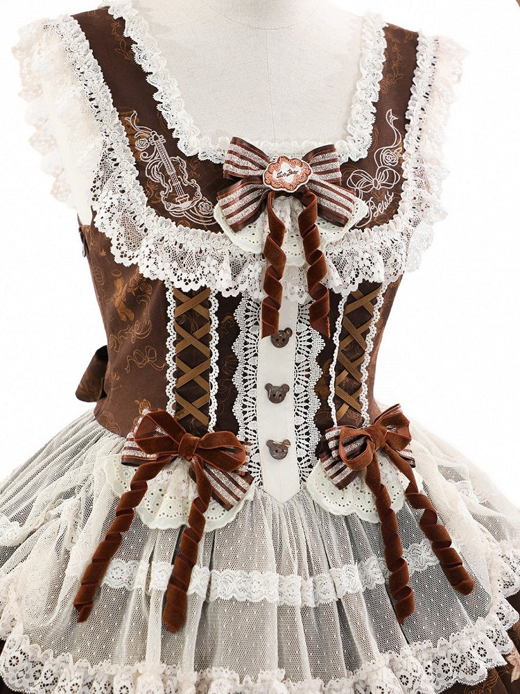 Vintage Brown Bear Symphony Theme Lolita JSK with Bow & Lace Accents - Twin Bear Original Design