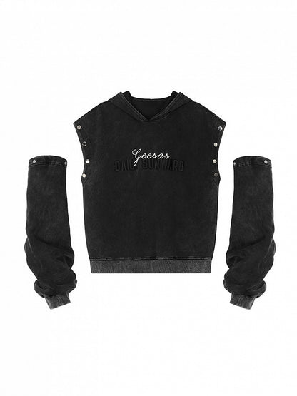 Detachable Sleeves with Black Hoodie Lettering Embroidered Vintage