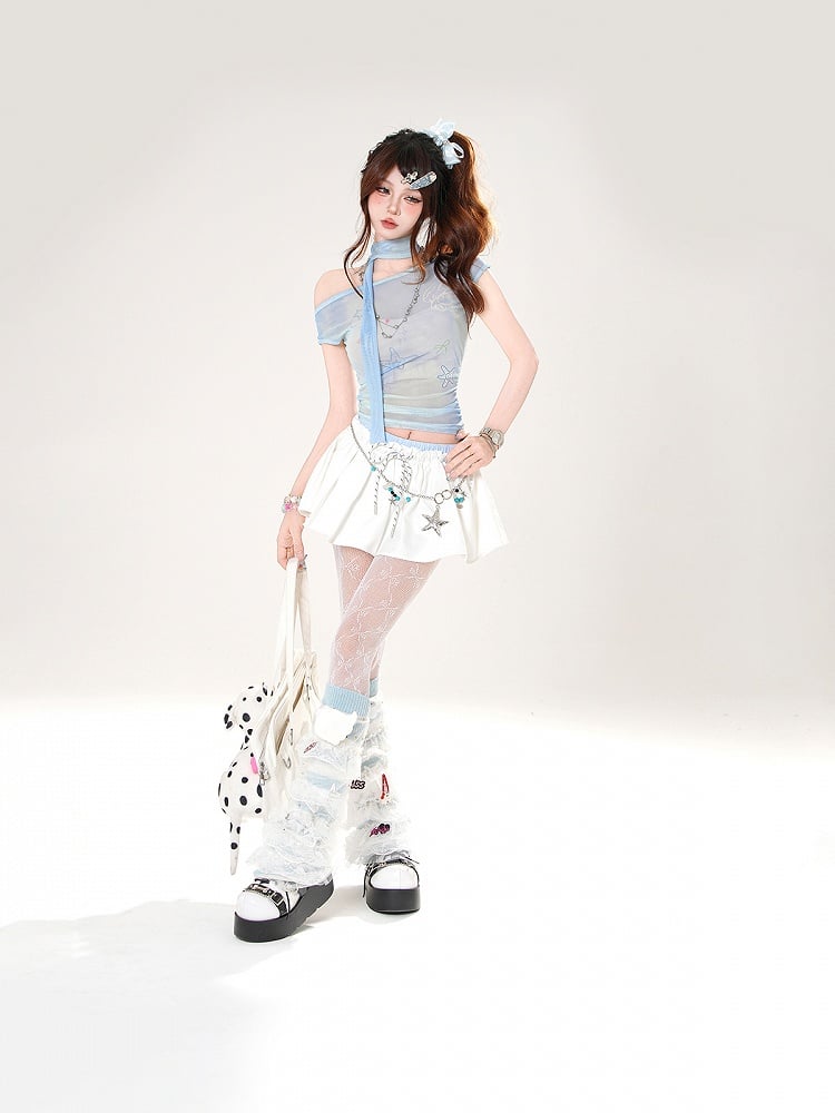 白と青のダブルゴムウエストバンドミニスカート