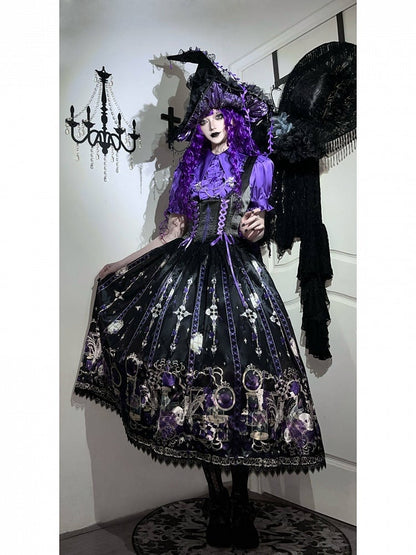 Purple Rosette and Skull Print Gothic Lolita Corset Under Bust JSK Dress - Sweetheart Love Song