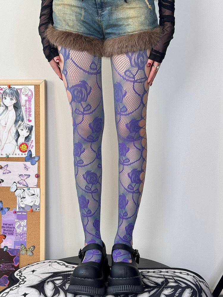 Tights Design Cut-out Y2K Pattern BlackGray/PurpleGreen Floral