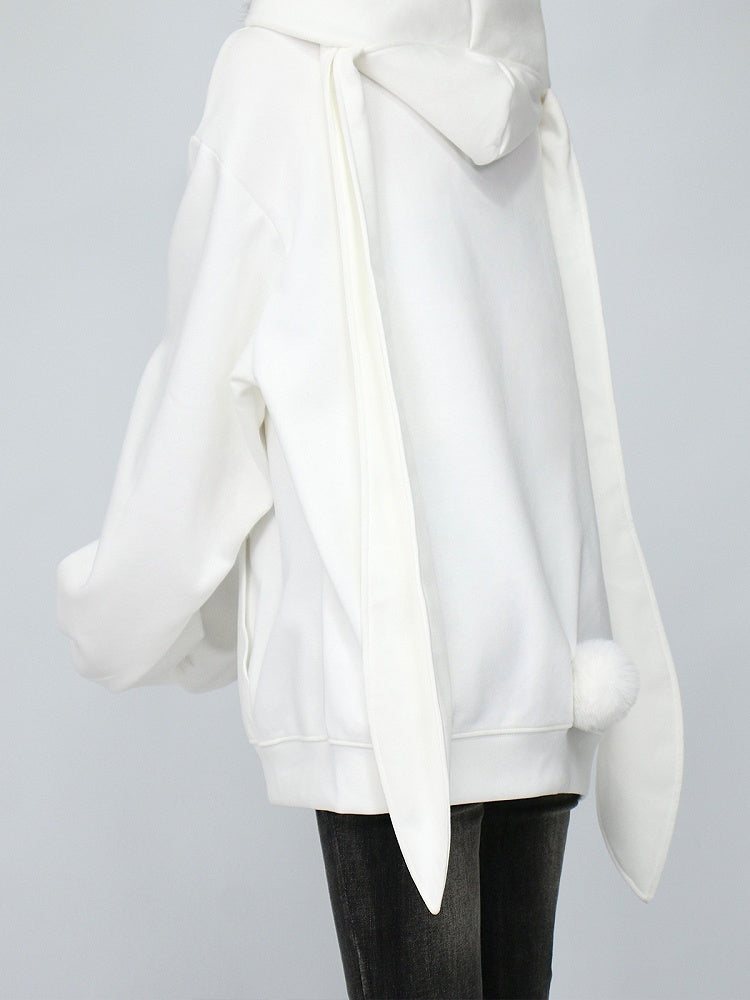 Bunny-Eared Zip Decoration White with Longline Hoodie