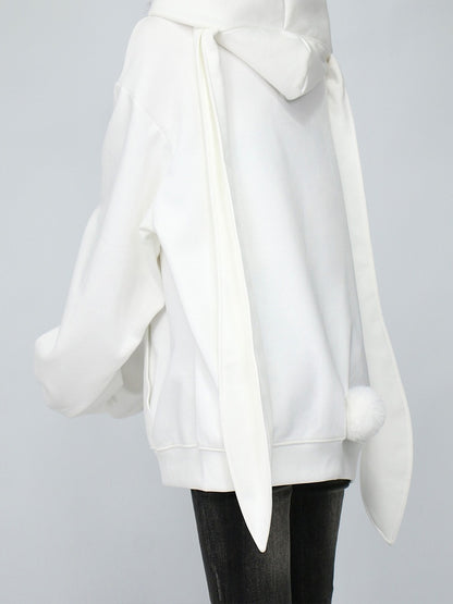 Bunny-Eared Zip Decoration White with Longline Hoodie