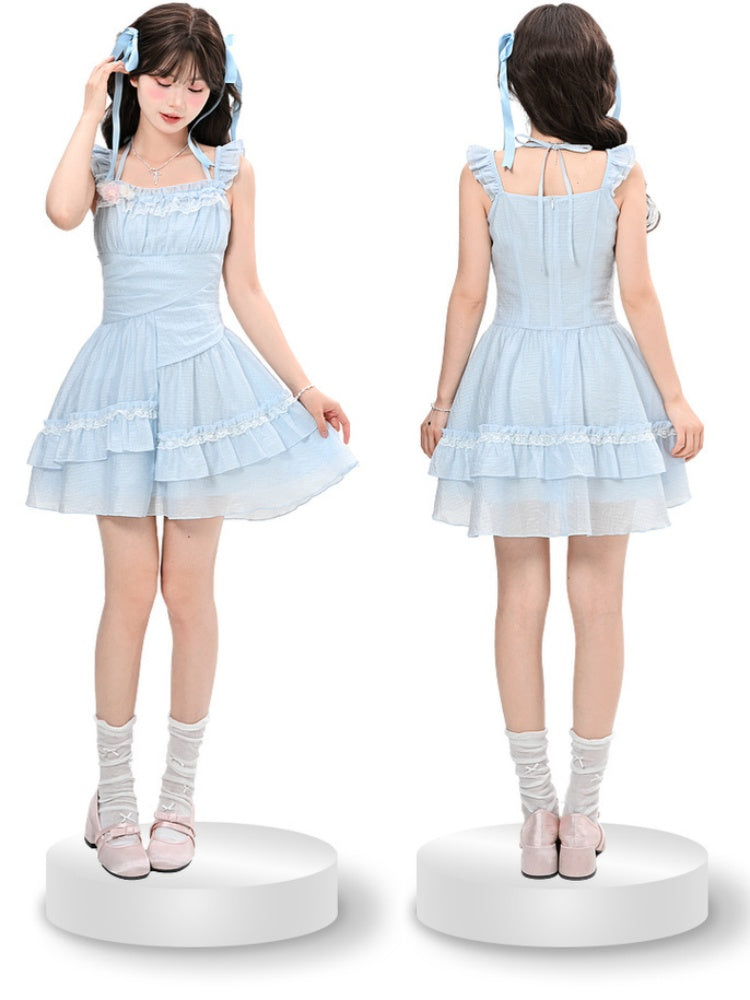 Sleeves Light Blue Flutter Dress Skirt Asymmetrical Chiffon Halter Neck Tiered