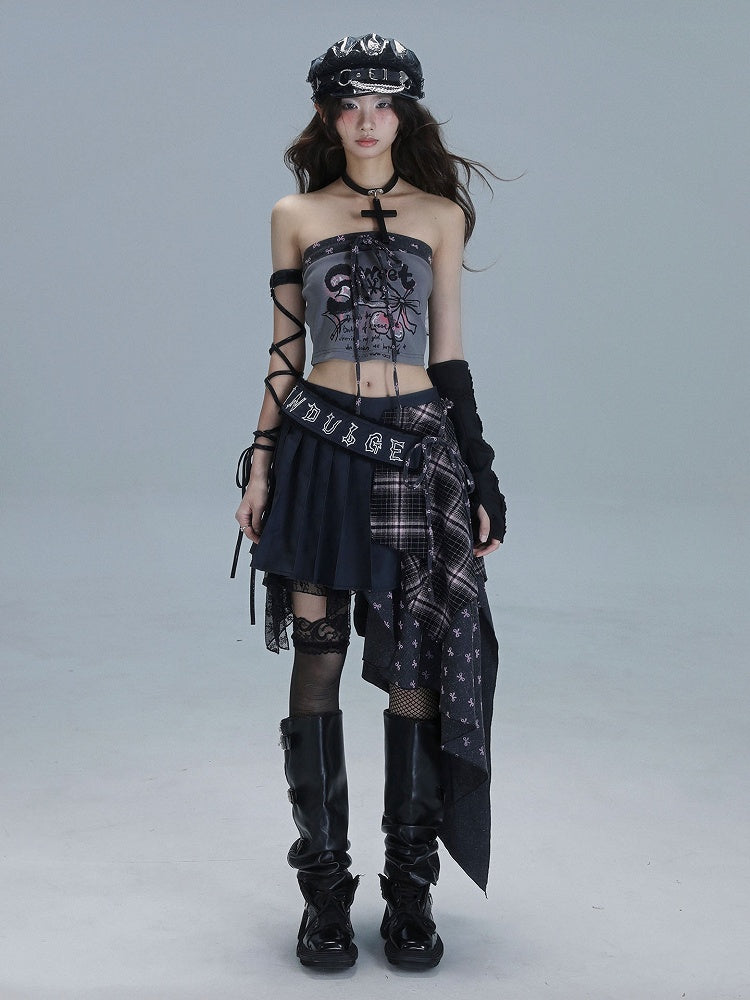 Gray Bow Pink Dark Plaid Asymmetrical Punk Pleated Skirt Print Panels with Patchwork