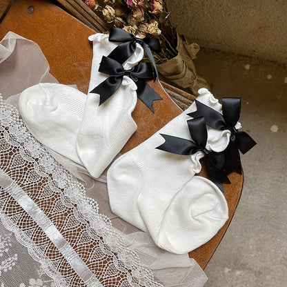 Cotton Trim Colors Socks Cut-out Ruffled with Design 4 Bow Decoration Swallowtail