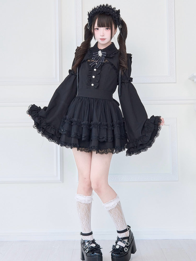 Gothic Black Dress with Bell Sleeves and Tiered Lace - No Genki