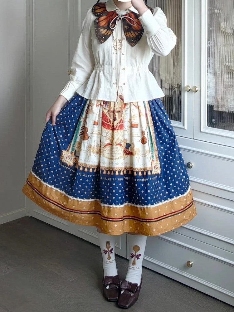 Dark Blue Musical Print Overall Dress with Detachable Straps - Crucis Universal Tailor Company