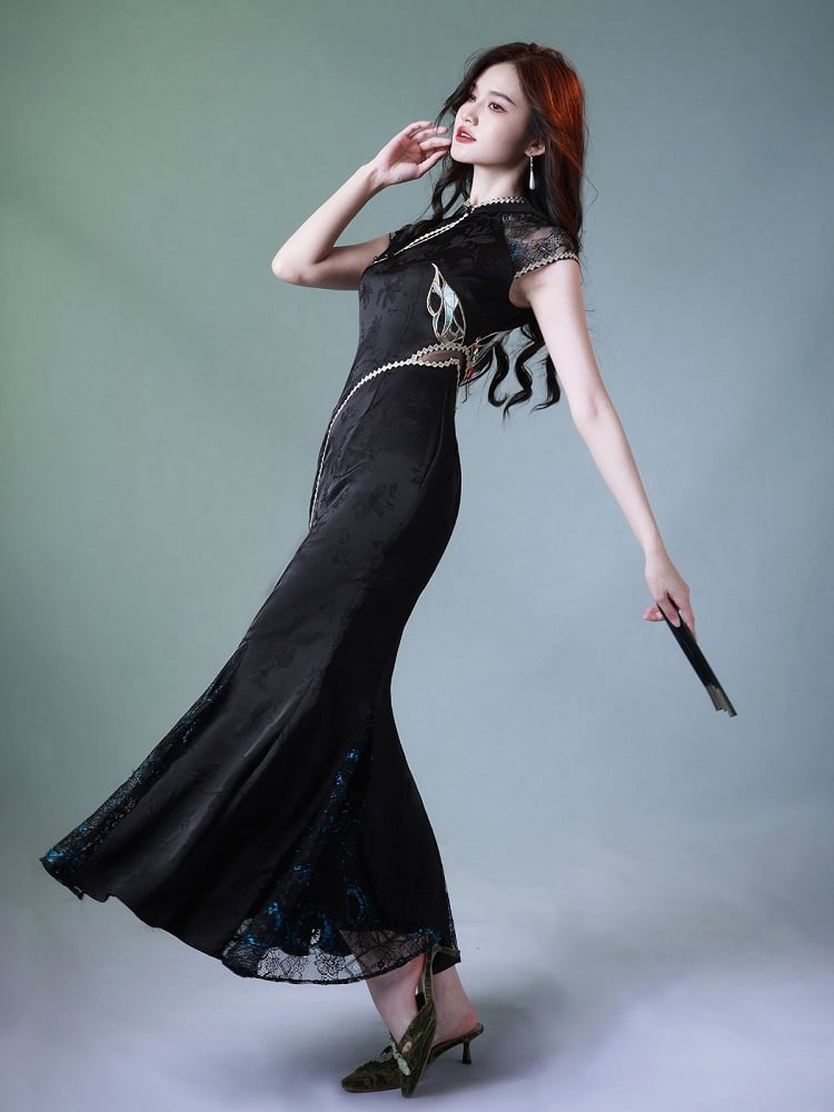 Butterfly Theme Classic Cheongsam Long Dress with Embroidered Fish Tail - sijinstudio