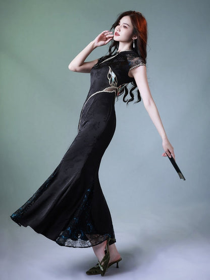 Butterfly Theme Classic Cheongsam Long Dress with Embroidered Fish Tail - sijinstudio