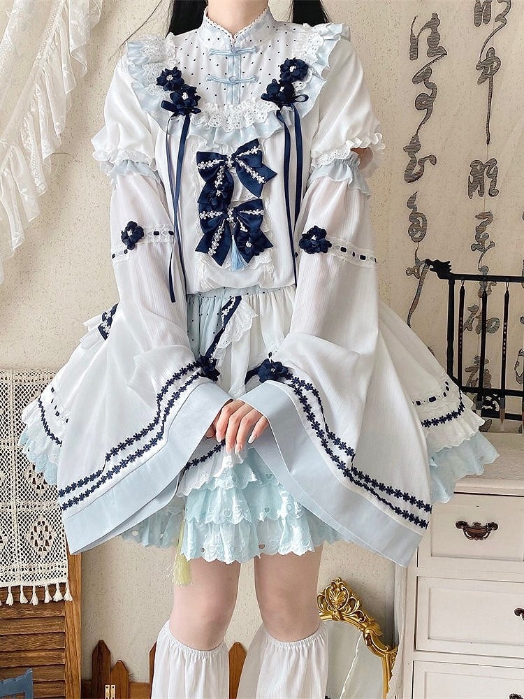 Flower Detachable Sleeves Bell White Accents Lolita Blue with