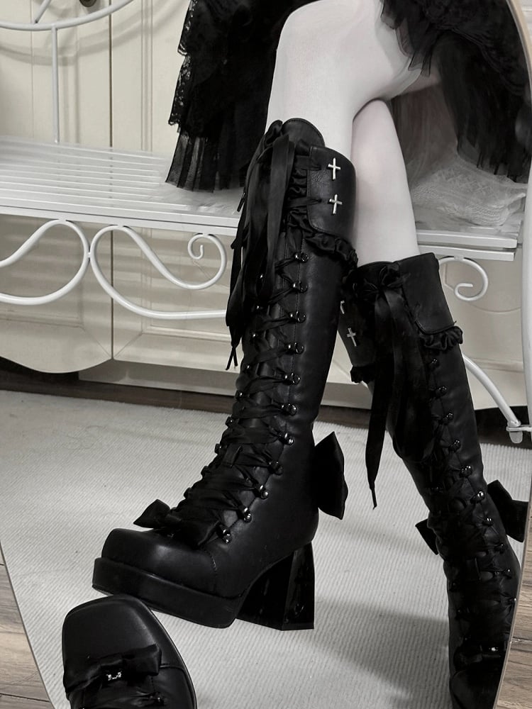 Gothic Long Boots with 8CM Cross Cutout Heel and Bow Accents - Night Sakura Water Lantern