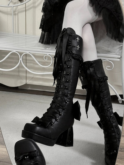 Gothic Lolita Tall Boots with Bow Accents & 8CM Cross Cutout Heel Design - Night Sakura Water Lantern