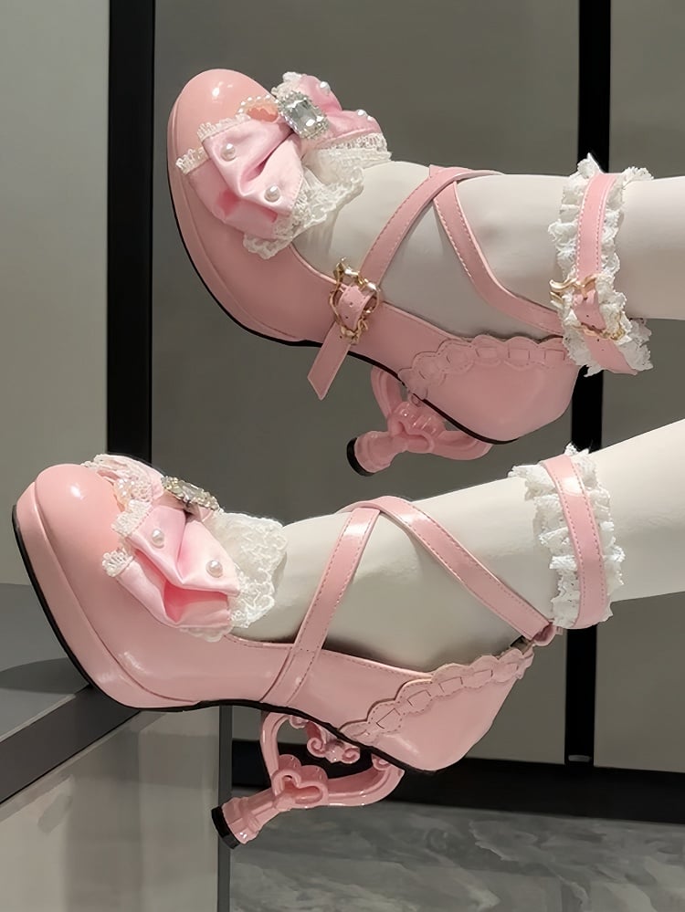 High Lolita Bow Lace Pink Heels Hime Trim Crystal Bead - with