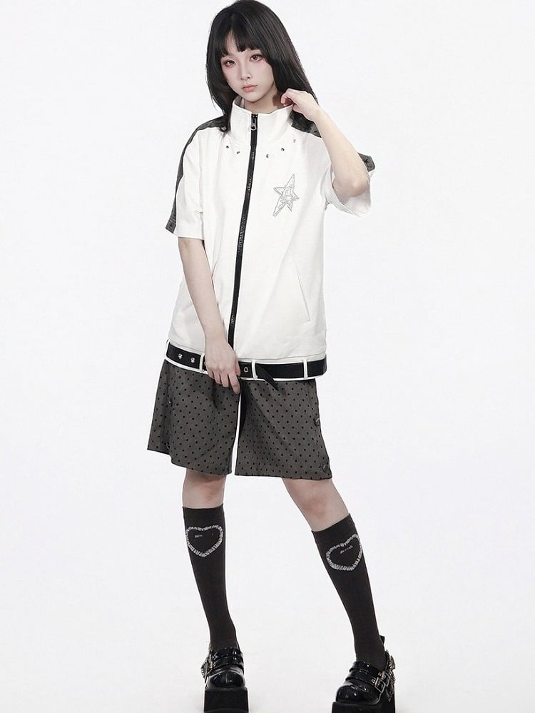 Star Print Zip-Up Jacket with Belt Accents in White and Gray - PINK SAVIOR