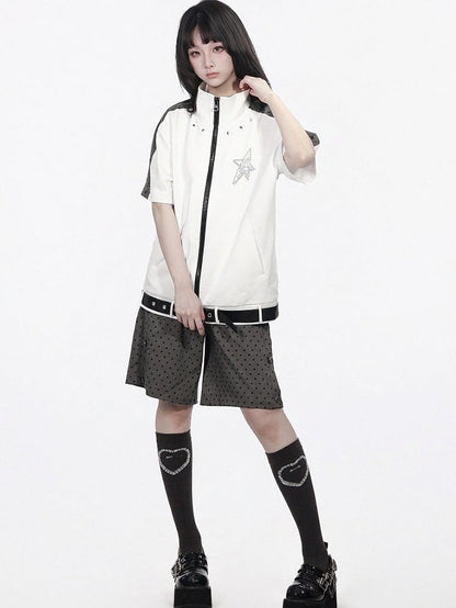Star Print Zip-Up Jacket with Belt Accents in White and Gray - PINK SAVIOR