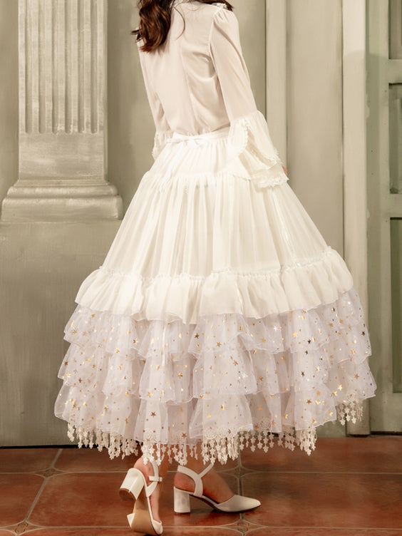 長さのあるフィッシュボーン型のキラキラ輝く星がゴージャスなホワイト/ベージュ/ブラックの調節可能なペチコート