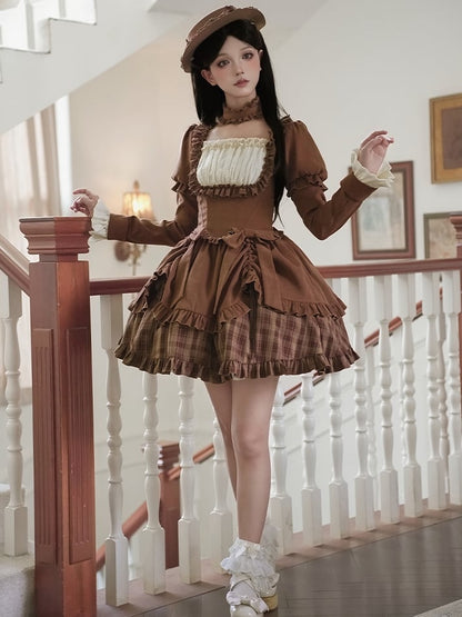 Neckline Short Elegant Square Dress Classic Coffee Lollita Plaid Version