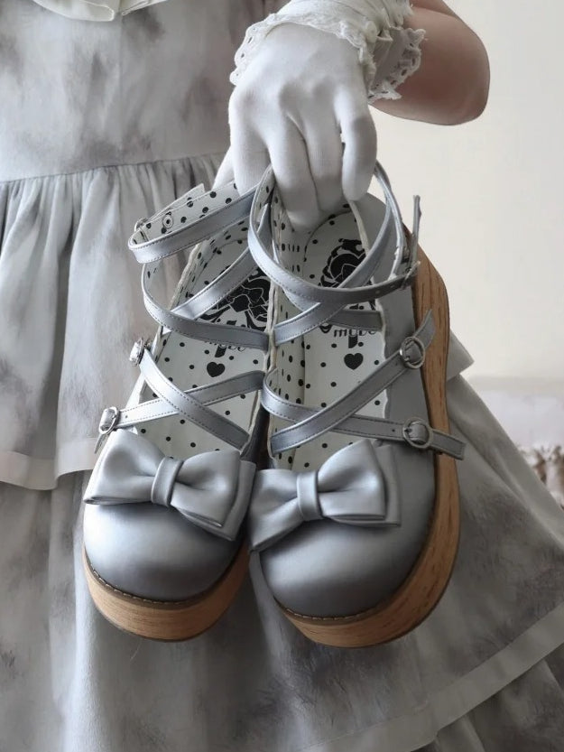 Shoes Platform Round Toe at Sweet Silver Bow Lolita PU - Top Crisscross Design