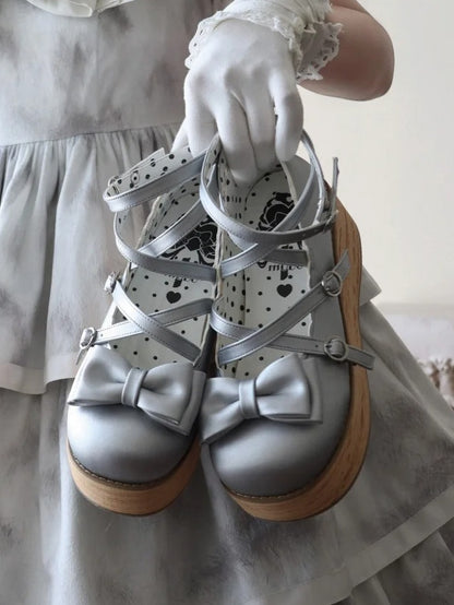 Shoes Platform Round Toe at Sweet Silver Bow Lolita PU - Top Crisscross Design