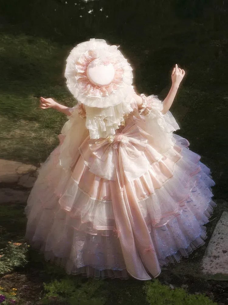 Hanayome Pink Corset Waist Hime Lolita Floor Length Dress Long Version with Floral Embroidery Layered Hem | Lukemi