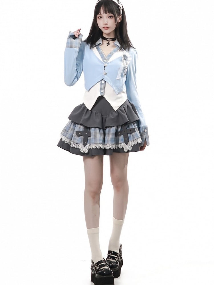 Vintage Kawaii Dusty Blue Plaid Tiered Skirt with Butterfly Embroidery and Lace Trim - PINK SAVIOR