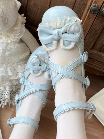 Mary Blue Bow Janes Lolita Decorative Low-heel Hem Scalloped Bear Sweet Ear in Plush PU
