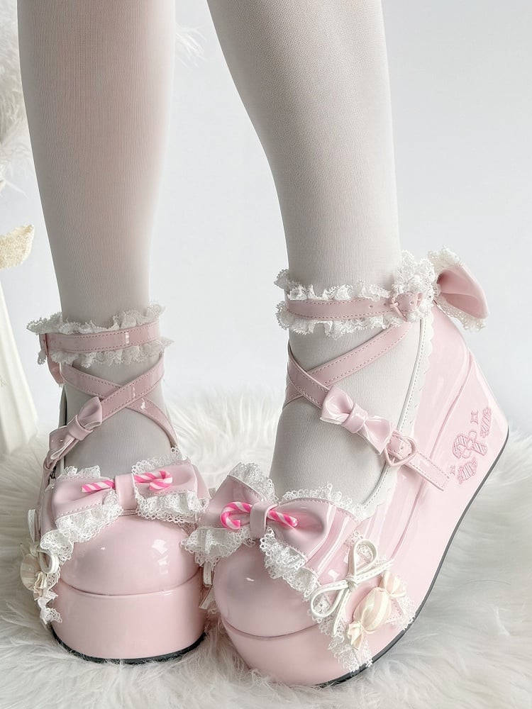 Sweet with Theme Mary Bow PU Lolita Trim Lace Candy Janes Platform Accents Pink -