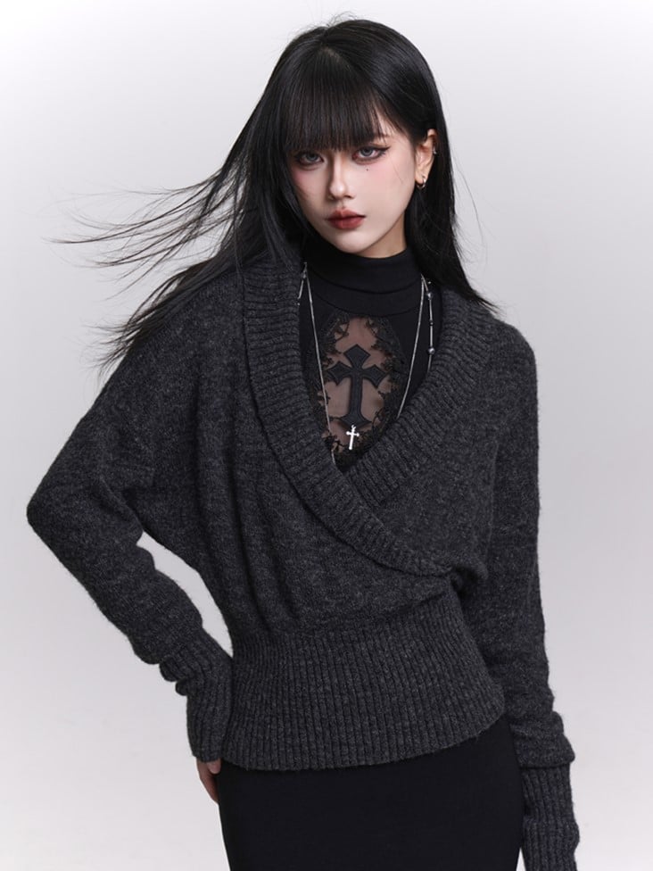 Dark Gray Wrap V-Neck Knit Pullover Sweater - Slim Fit