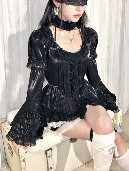 Black Lace-trimmed Sleeves Neck with Puff Sleeve Short Blouse Square