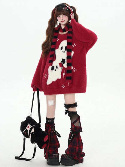 Ghost Sweater Pattern Scarf Striped with Pink/Black/Red Kawaii